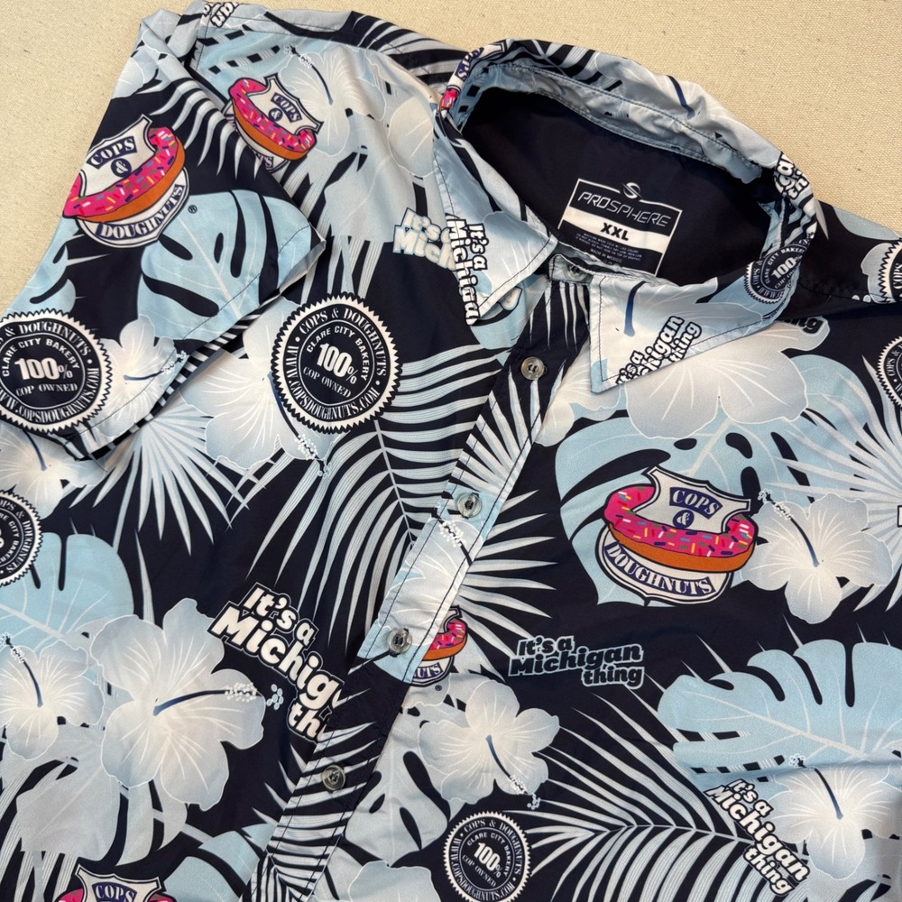 ProSphere XXL Button Down Shirt Men Blue Cops & Doughnuts Michigan Tropical